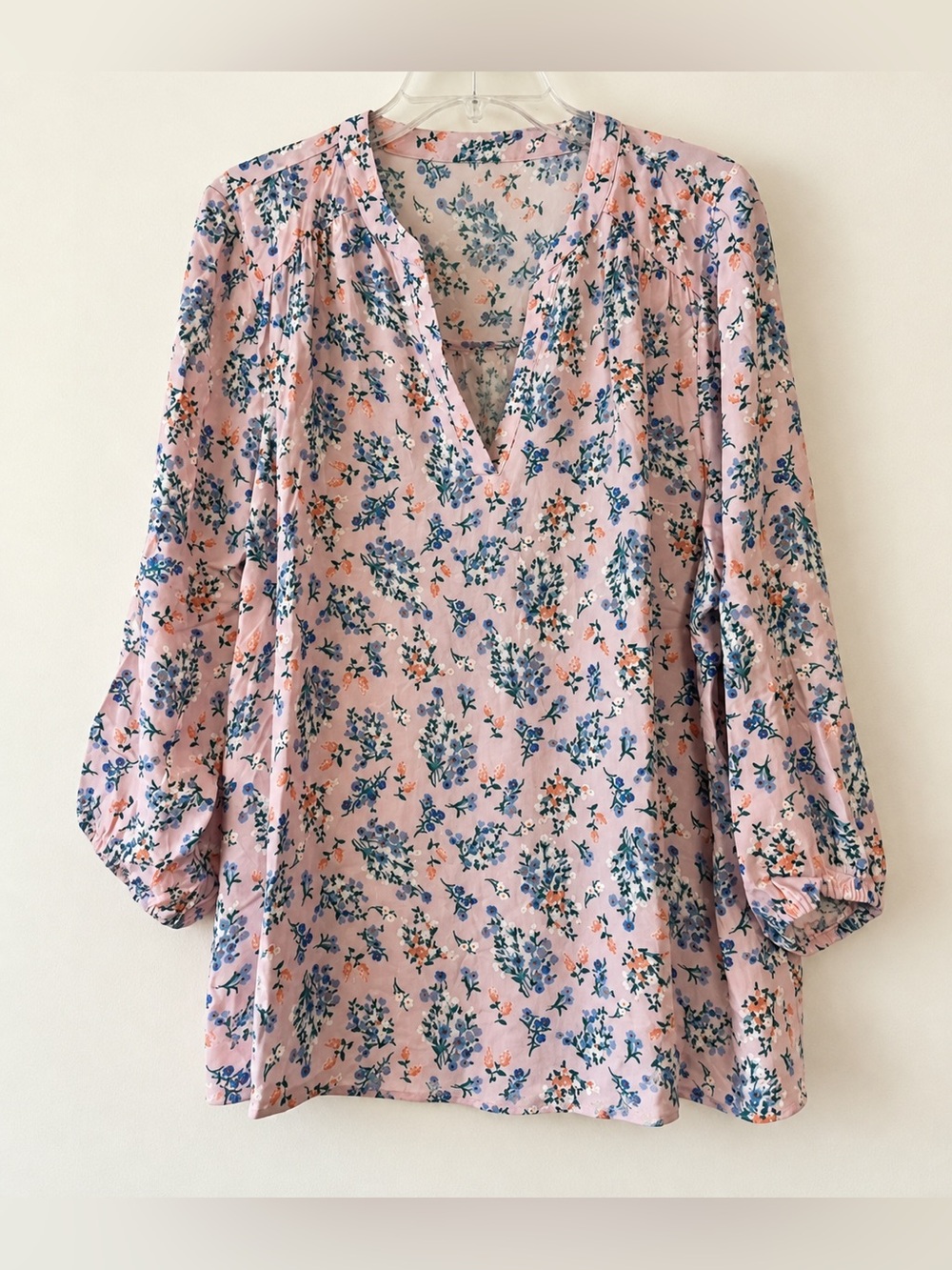 Lilac Pink Ditzy Floral V-Neck 3/4 Sleeve Top | Cottagecore EUC 1XL #2121